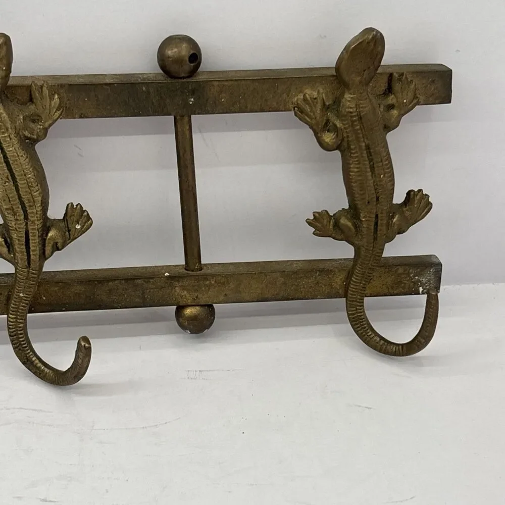 Vintage Solid Brass 5-Hook Lizard Gecko Wall Rack Coat Key Towel Hanger Boho 22